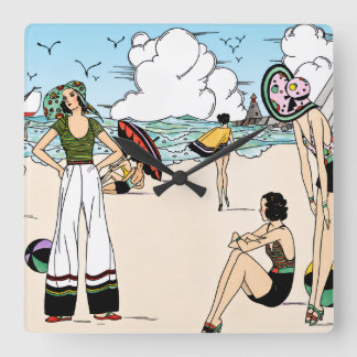 アールデコ調のビンテージ ビーチイラスト 1920年代 海岸 スクエア壁時計