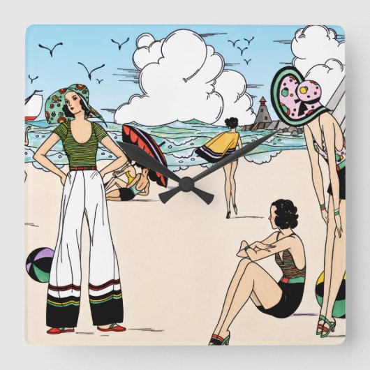 アールデコ調のビンテージ ビーチイラスト 1920年代 海岸 スクエア壁時計 (正面)