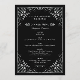 アールデコ調のブラックとシルバーのヴィンテージな結婚式のディナー メニュー