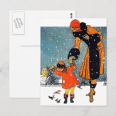 アールデコ調のヴィンテージアート 雪の中の母と子 ポストカード (正面/裏面)