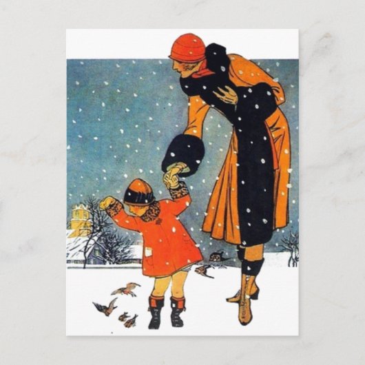 アールデコ調のヴィンテージアート 雪の中の母と子 ポストカード (正面)