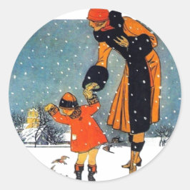 アールデコ調のヴィンテージアート 雪の中の母と子 ラウンドシール