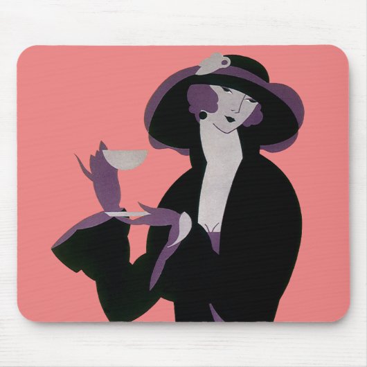 アールデコ調の女性、午後のお茶とカップケーキ マウスパッド (正面)