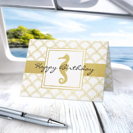 アールデコ調の波とゴールドラメのタツノオトシゴの誕生日 カード
