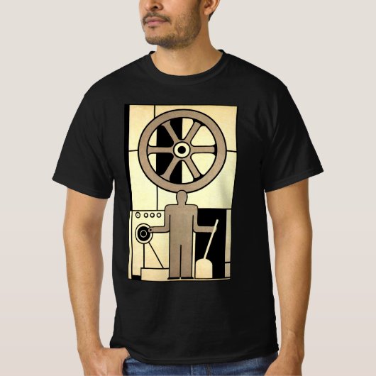 アールデコ調の産業革命期の歯車と機械作業員 Tシャツ (正面)