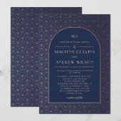 アールデコ調の結婚式招待状 ネイビーブルー 招待状 (正面/裏面)