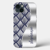 アールデコ調の芸術的なシルバーとネイビーブルーの柄 名前入り Case-Mate iPhoneケース (裏面)