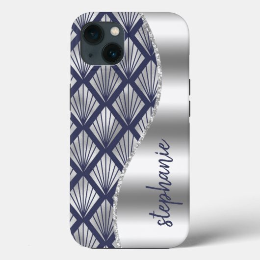 アールデコ調の芸術的なシルバーとネイビーブルーの柄 名前入り Case-Mate iPhoneケース (裏面)