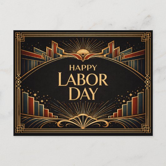 アールデコ調の躍進する街並み ハッピー・レイバー・デー シーズンポストカード (正面)