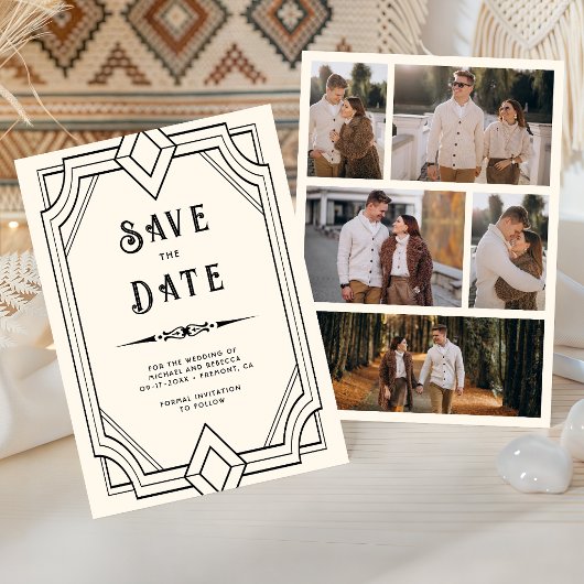 アールデコ調の黒とクリーム色の結婚式のSave the Date セーブザデート