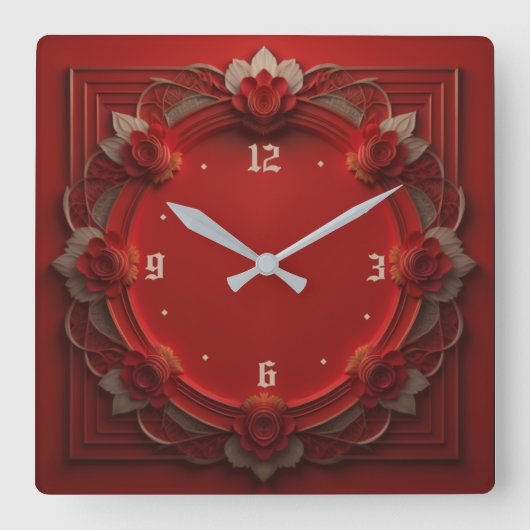 アールデコ赤 スクエア壁時計 (正面)