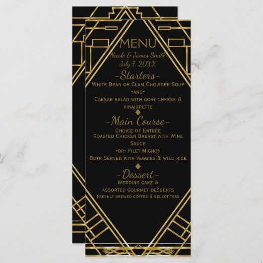 アールデコ金ゴールドとブラックグラマー結婚ズのメニューカード メニュー (正面/裏面)