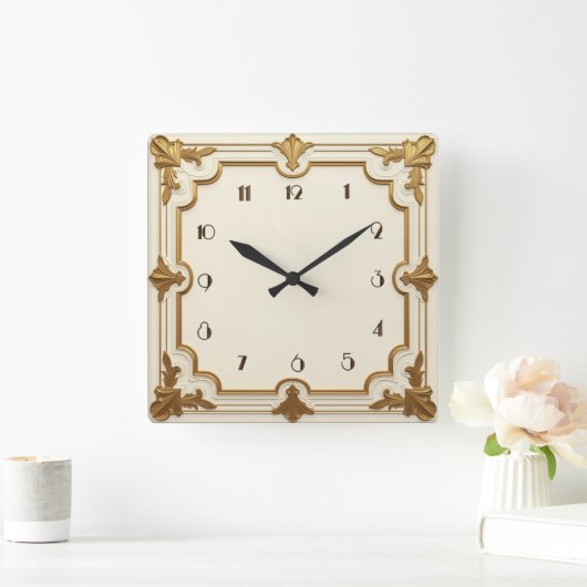 アールデコ金ゴールドと白 スクエア壁時計 (ホーム)