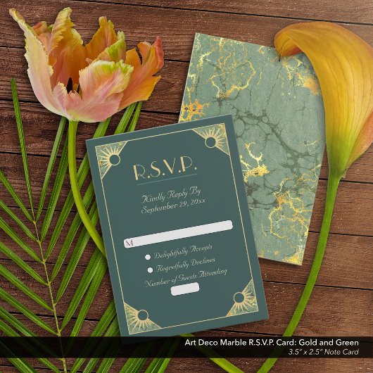 アールデコ金ゴールドと結婚グリーンマーブルのR.S.V.P. ノートカード
