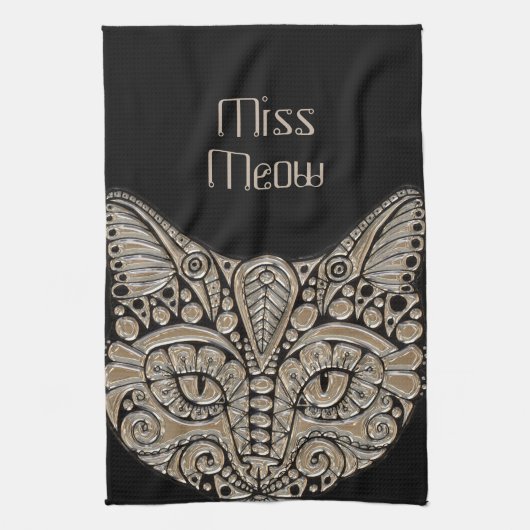 アールデコ金ゴールドと黒エジプトスタイル猫 キッチンタオル (縦)