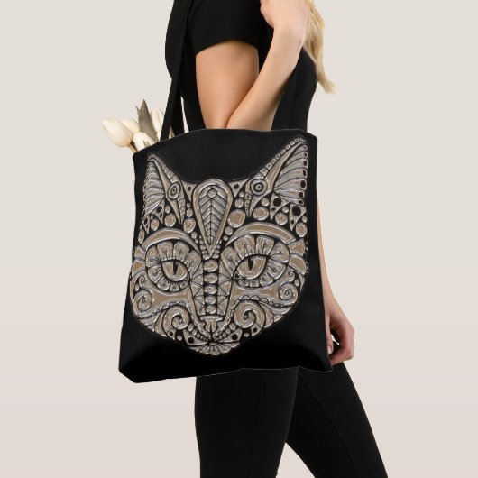 アールデコ金ゴールドと黒エジプトスタイル猫 トートバッグ (クローズアップ)