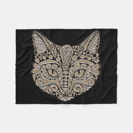 アールデコ金ゴールドと黒エジプトスタイル猫 フリースブランケット (正面(横))