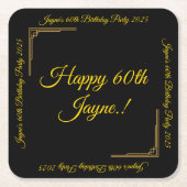 アールデコ金ゴールドオン黒誕生日会 スクエアペーパーコースター (正面)