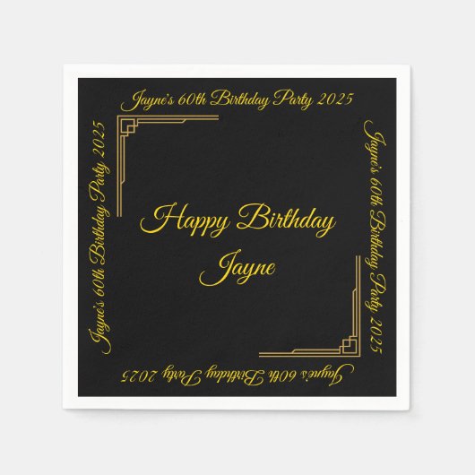 アールデコ金ゴールドオン黒誕生日会 スタンダードカクテルナプキン (正面)