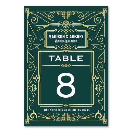 アールデコ金ゴールドグリーンギャツビー1920sウェディングレセプション テーブルナンバー (正面)
