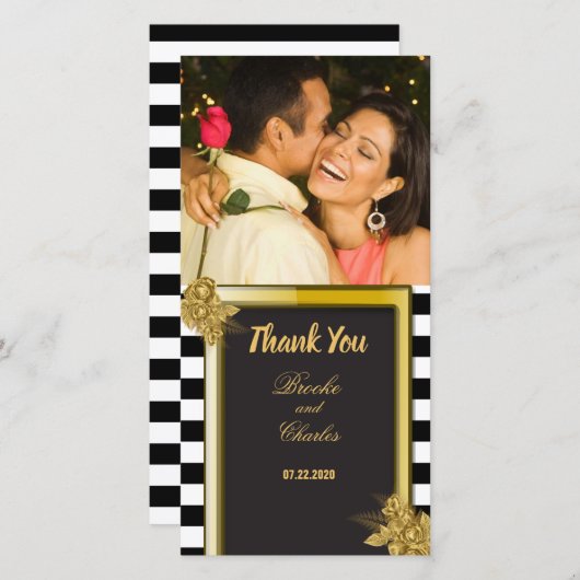 アールデコ金ゴールドストライプバラ結婚ズ・サンキュー サンキューカード (正面/裏面)