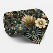 アールデコ金ゴールドターコイズティール(緑がかった色)ホワイトジオメトリック ネクタイ (ロール)