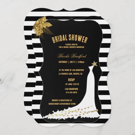 アールデコ金ゴールドバラ、ストライプブライダルシャワーカード 招待状 (正面/裏面)