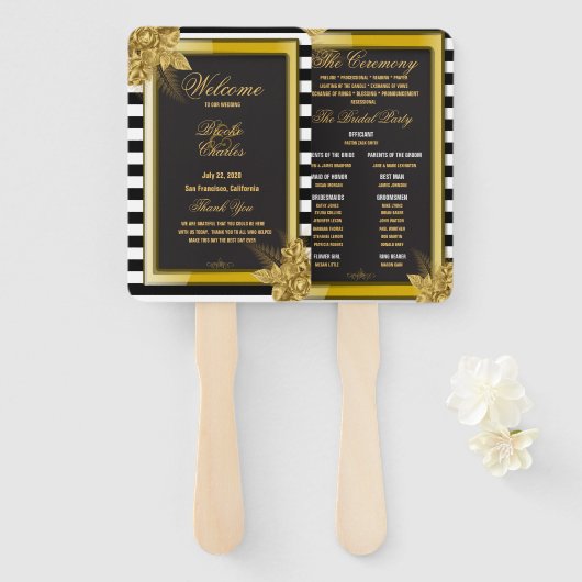 アールデコ金ゴールドバラ、ストライプ結婚式 プログラムファン ハンドファン (正面&裏面)