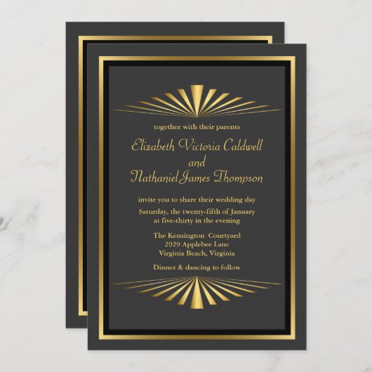 アールデコ金ゴールドファンファーレ結婚式招待状|黒 招待状 (正面/裏面)