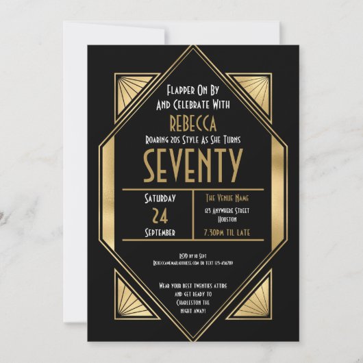 アールデコ金ゴールドフレーム70thバースデーパーティーブラック 招待状 (正面)