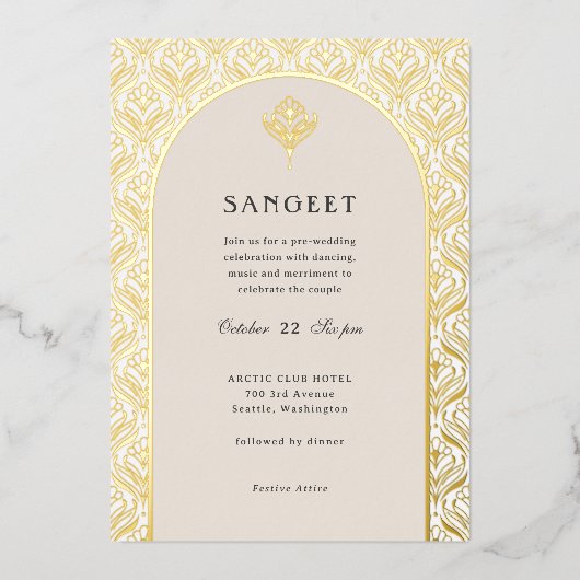 アールデコ金ゴールドフローラ結婚ズサンゲ 箔招待状 (正面)