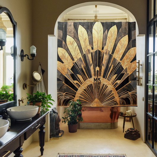 アールデコ金ゴールドブラックあなたのモノグラム日が差すことモチーフ シャワーカーテン