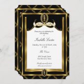 アールデコ金ゴールドブラックジュエルホワイトバースデーパーティー 招待状 (正面/裏面)