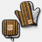 アールデコ金ゴールドブラックヴィンテージトレンディー収集 鍋つかみ&鍋敷きセット (正面/裏面)