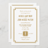 アールデコ金ゴールドホワイトバック文字結婚式招待状 招待状 (正面/裏面)