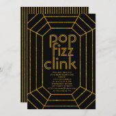 アールデコ金ゴールドポップ・アートのブラックフィズンインク新年パーティー 招待状 (正面/裏面)