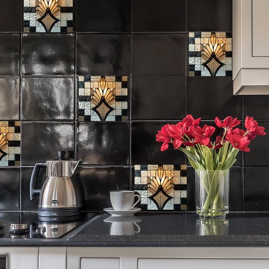 アールデコ金ゴールド白黒ファンフローラ タイル