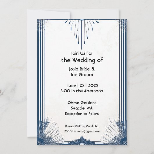 アールデコ青い白のエレガントな結婚式の招待状 招待状 (正面)