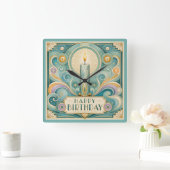 アールデコ風のろうそくの誕生日 スクエア壁時計 (ホーム)