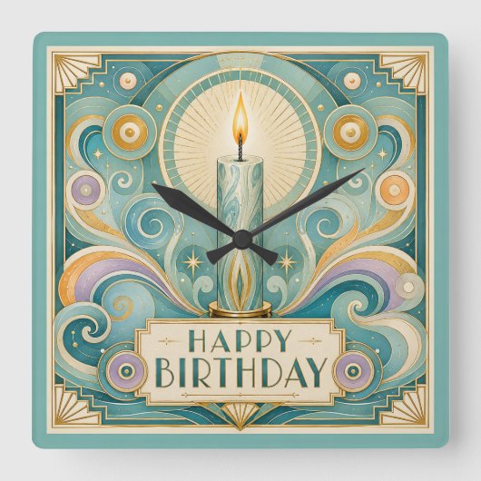 アールデコ風のろうそくの誕生日 スクエア壁時計 (正面)