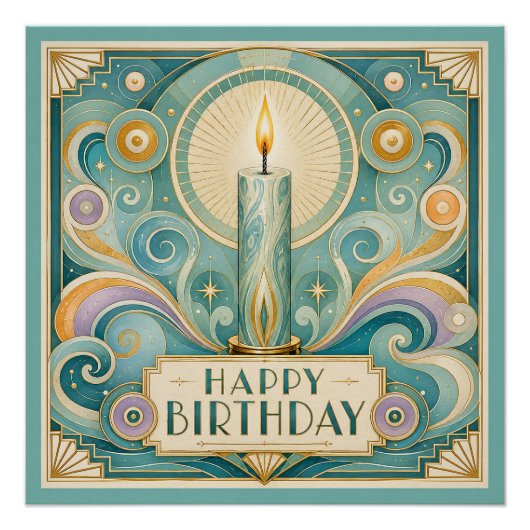 アールデコ風のろうそくの誕生日 ポスター (正面)
