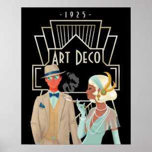 アールデコ風のクラシカルな1920年代のカップル ブラック ポスター