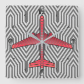 アールデコ飛行機、サンゴオレンジ、シルバーグレー スクエア壁時計 (正面)