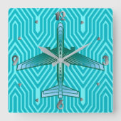 アールデコ飛行機、ターコイズ、ティール(緑がかった色)及びアクア スクエア壁時計 (正面)