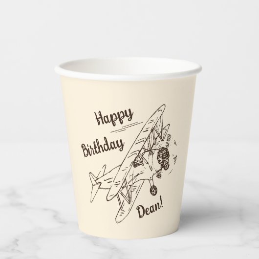 アールデコ飛行機-ハッピーバースデー+名前。 紙コップ (正面)