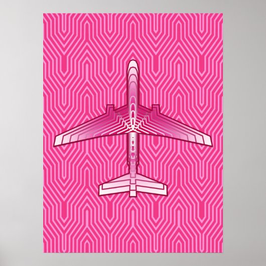 アールデコ飛行機、明るい赤紫色、パステルピンク ポスター (正面)