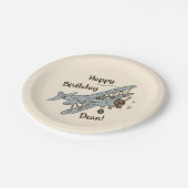 アールデコ飛行機 – 青いハッピーバースデー+名前。 ペーパープレート (アングル)