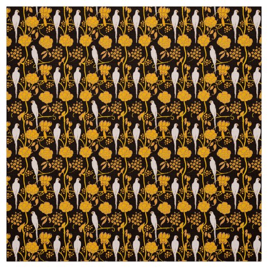 アールデコ黄色の花、黒の白いパロット ファブリック (見本)