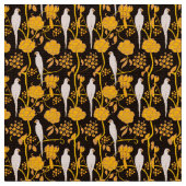 アールデコ黄色の花、黒の白いパロット ファブリック (クローズアップ)