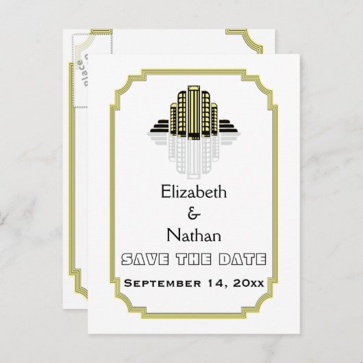 アールデコ黒い黄色の結婚式の日付を保存 案内ポストカード (正面/裏面)